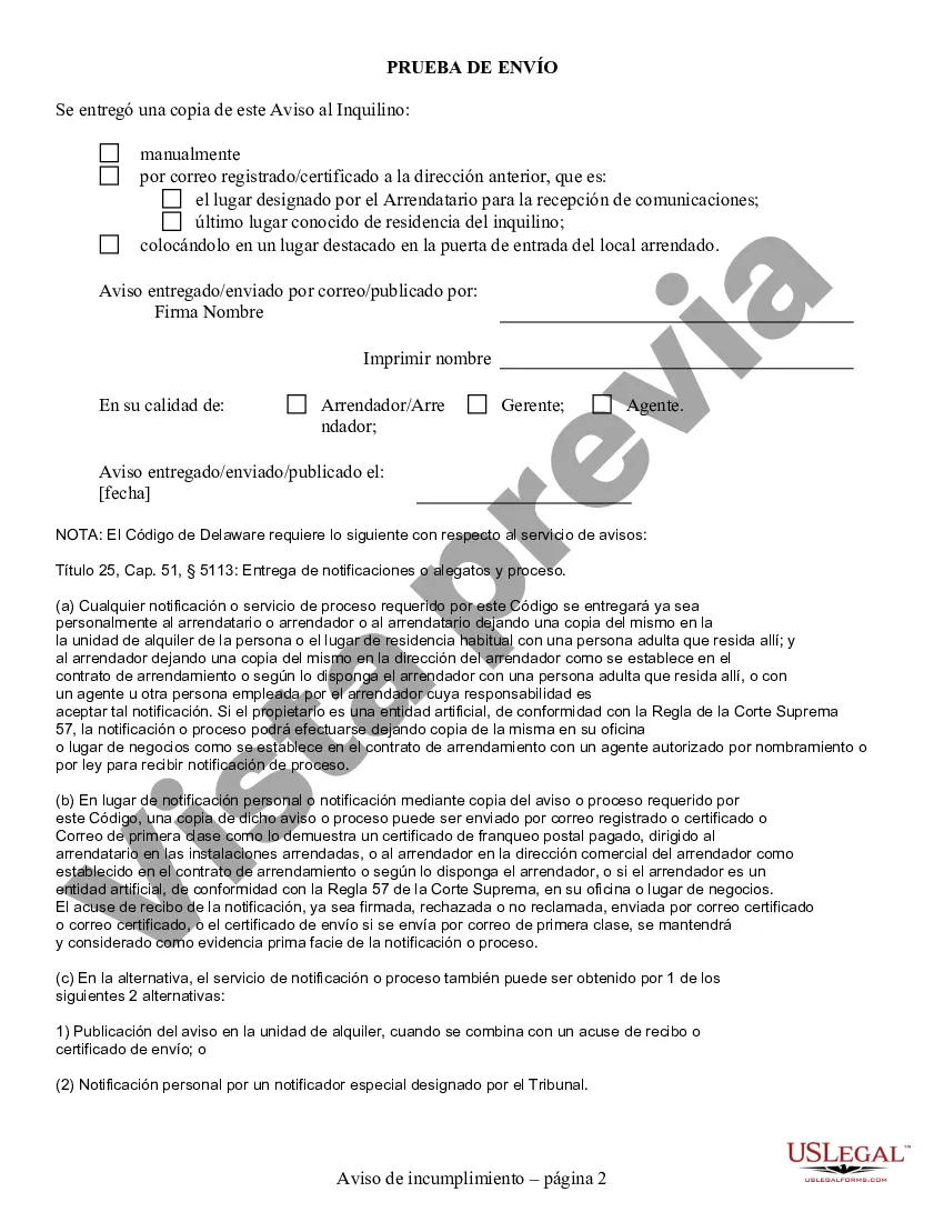 Preview Aviso de Terminación por Incumplimiento que Afecta la Salud o la Seguridad de Residencial del Propietario al Inquilino