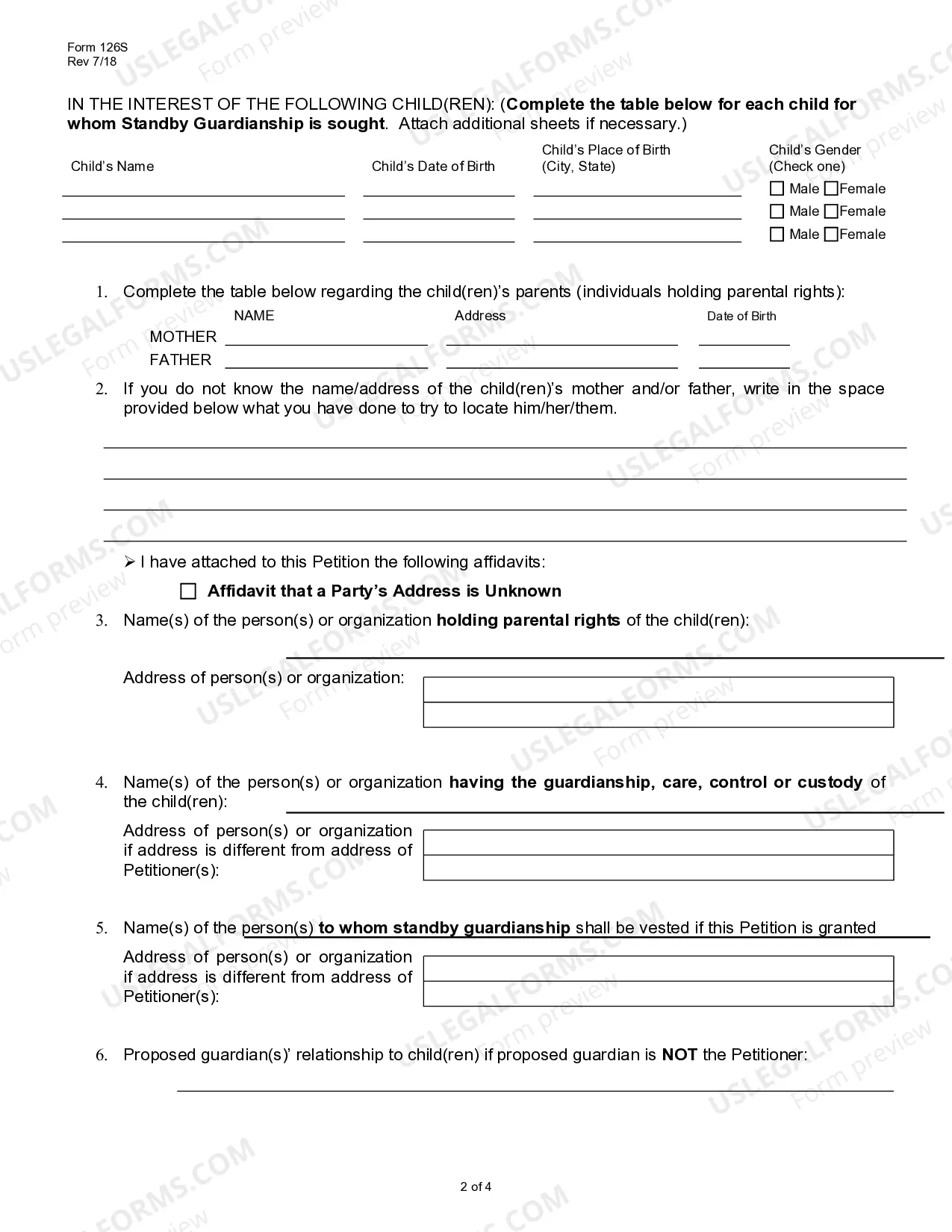 Preview Petition for Standby Guardianship
