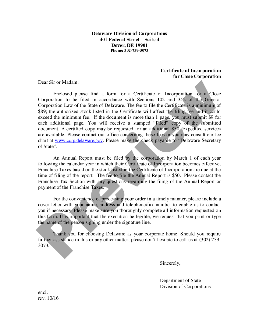 page 0 Close Corporation Certificate of Incorporation preview