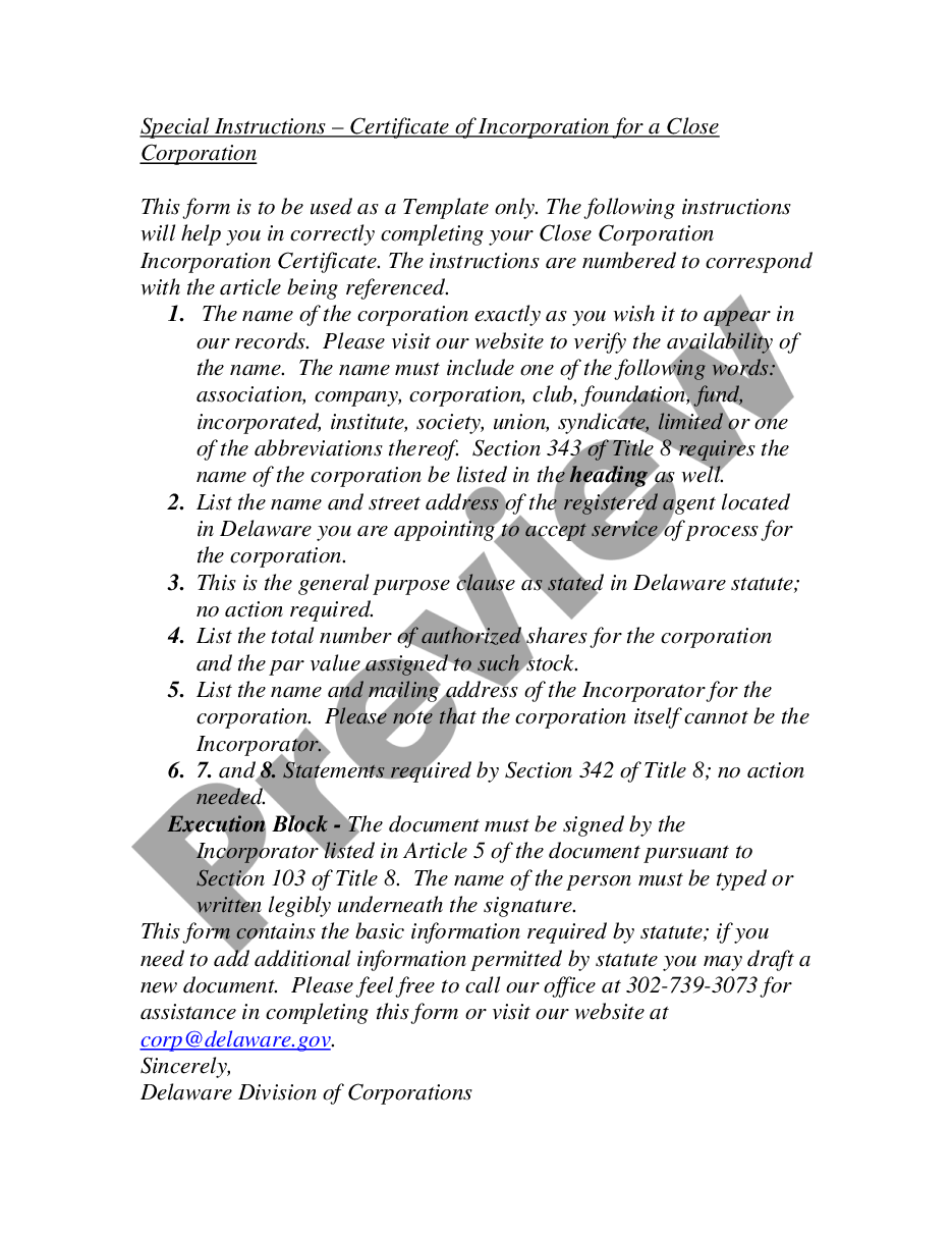 page 1 Close Corporation Certificate of Incorporation preview