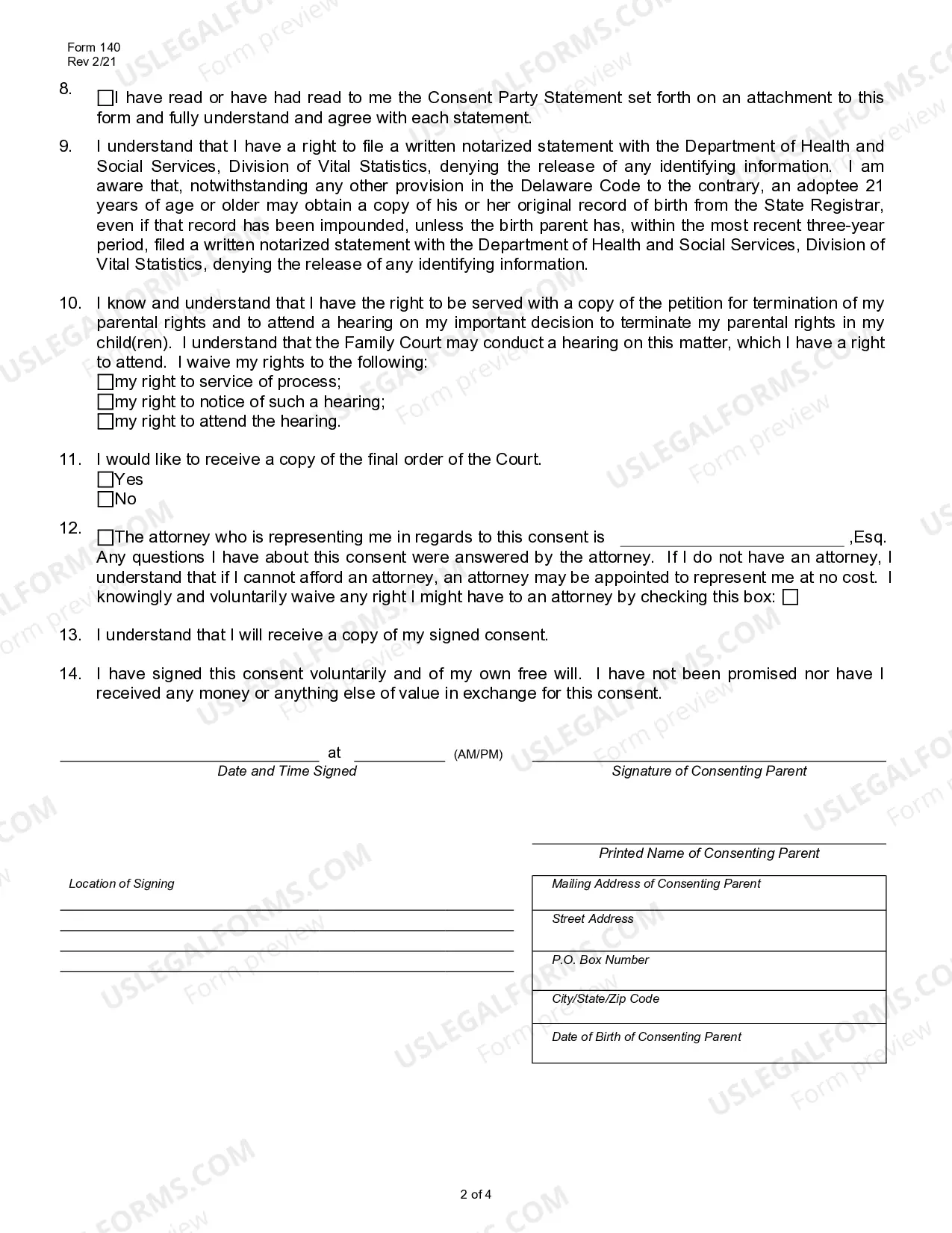 Preview Consent To Terminate and Transfer of Parental Rights (Fill-in Form)
