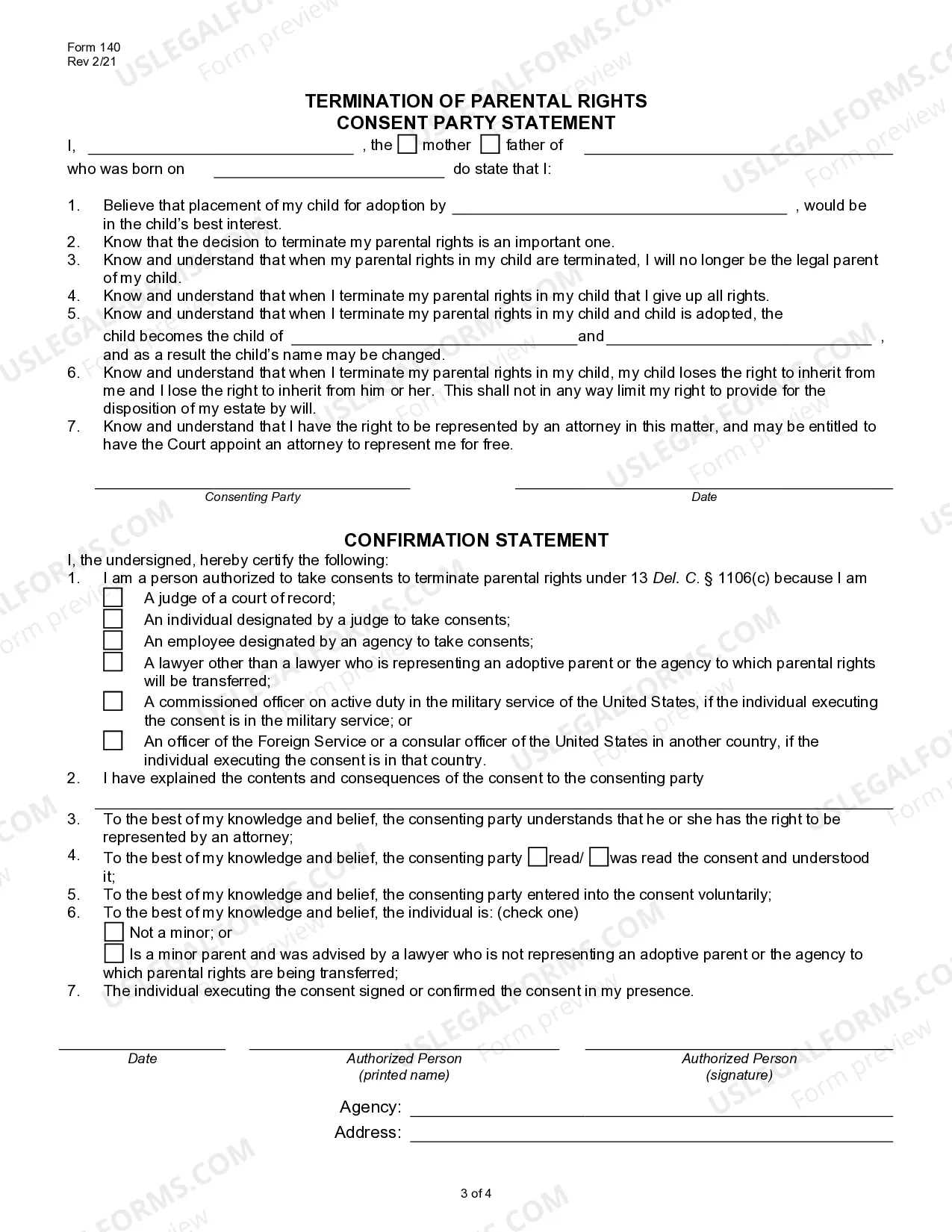 Preview Consent To Terminate and Transfer of Parental Rights (Fill-in Form)