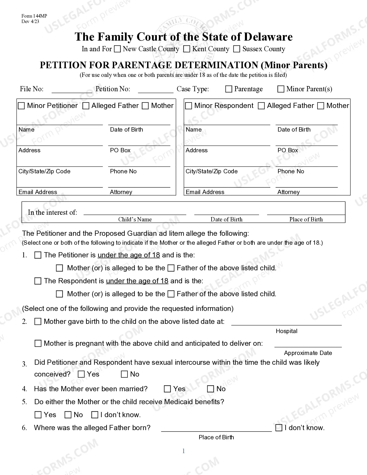Preview Petition for Parentage Determination for Minor Parents