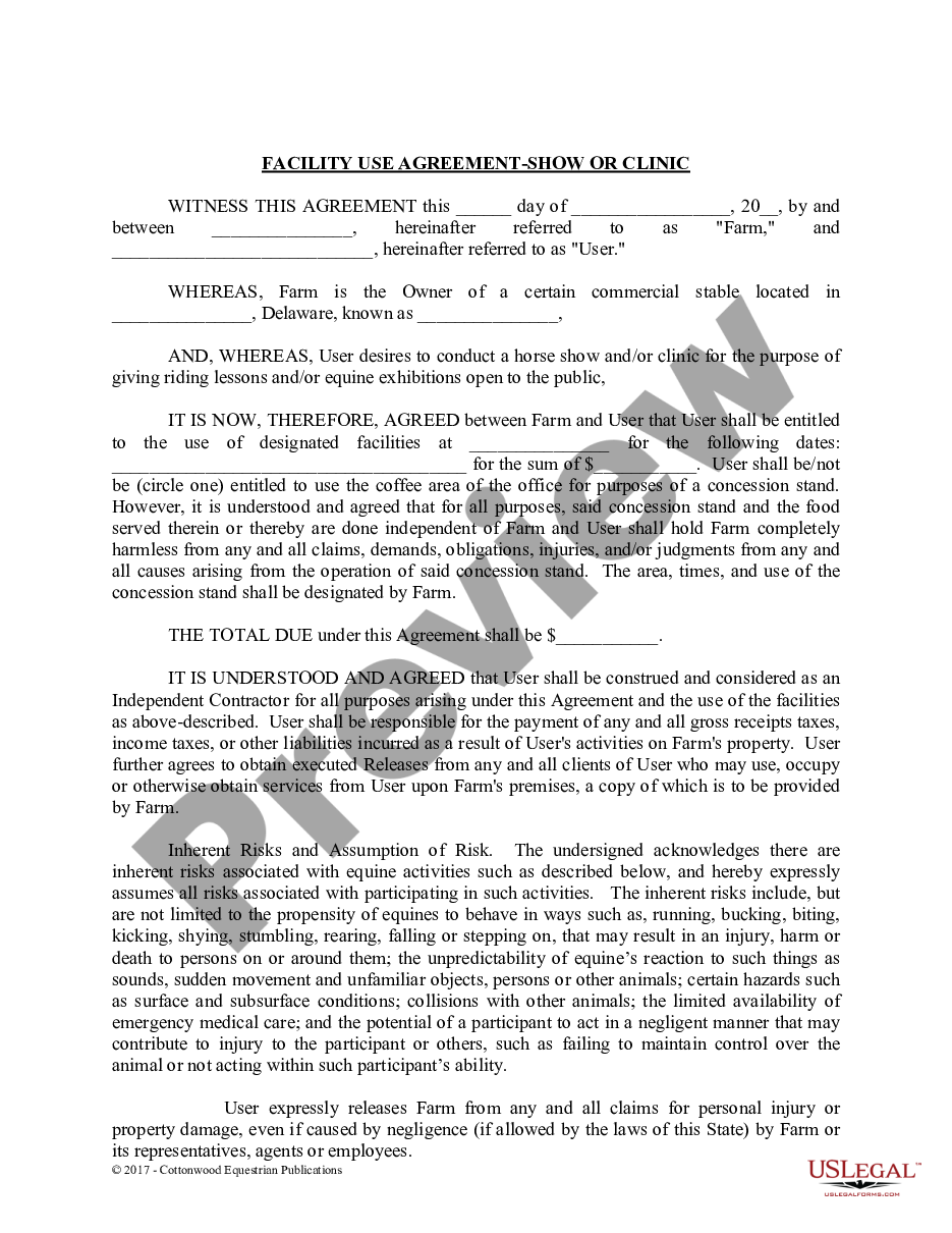 page 0 Facility Release Agreement - Show Or Clinic - Horse Equine Forms preview