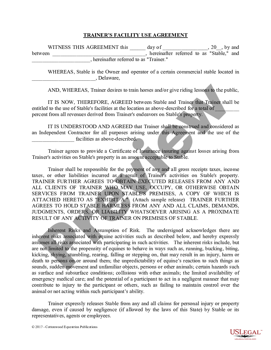 page 0 Trainer's Facility Use Agreement - Horse Equine Forms preview