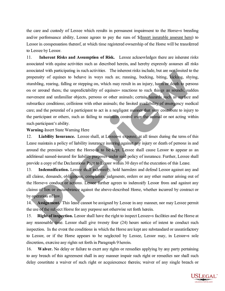 page 2 Performance Horse Lease Agreement preview