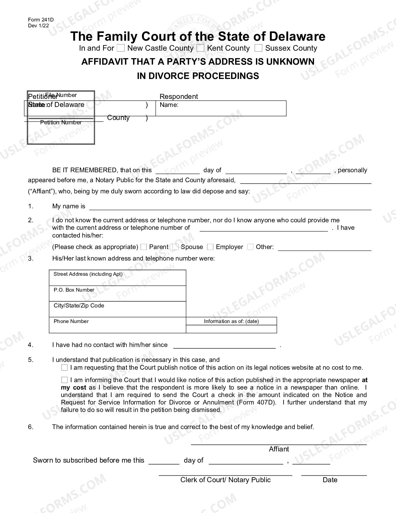 Preview Affidavit that a Party's Address is Unknown in Divorce Proceedings
