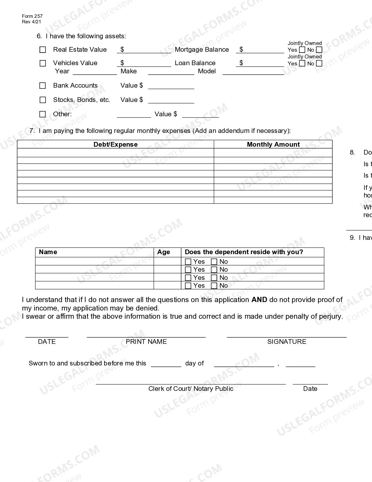 Preview Affidavit in Support of Application to Proceed In Forma Pauperis