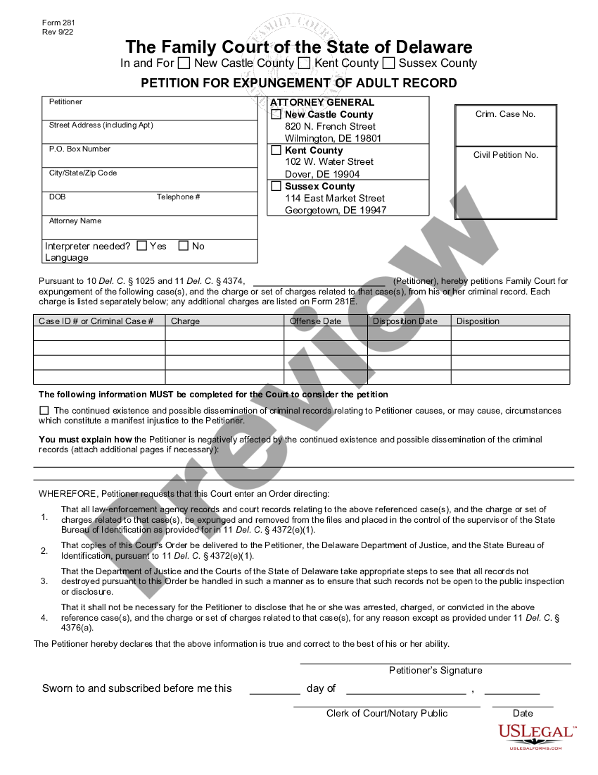 Delaware Petition For Expungement of Adult Record | US Legal Forms