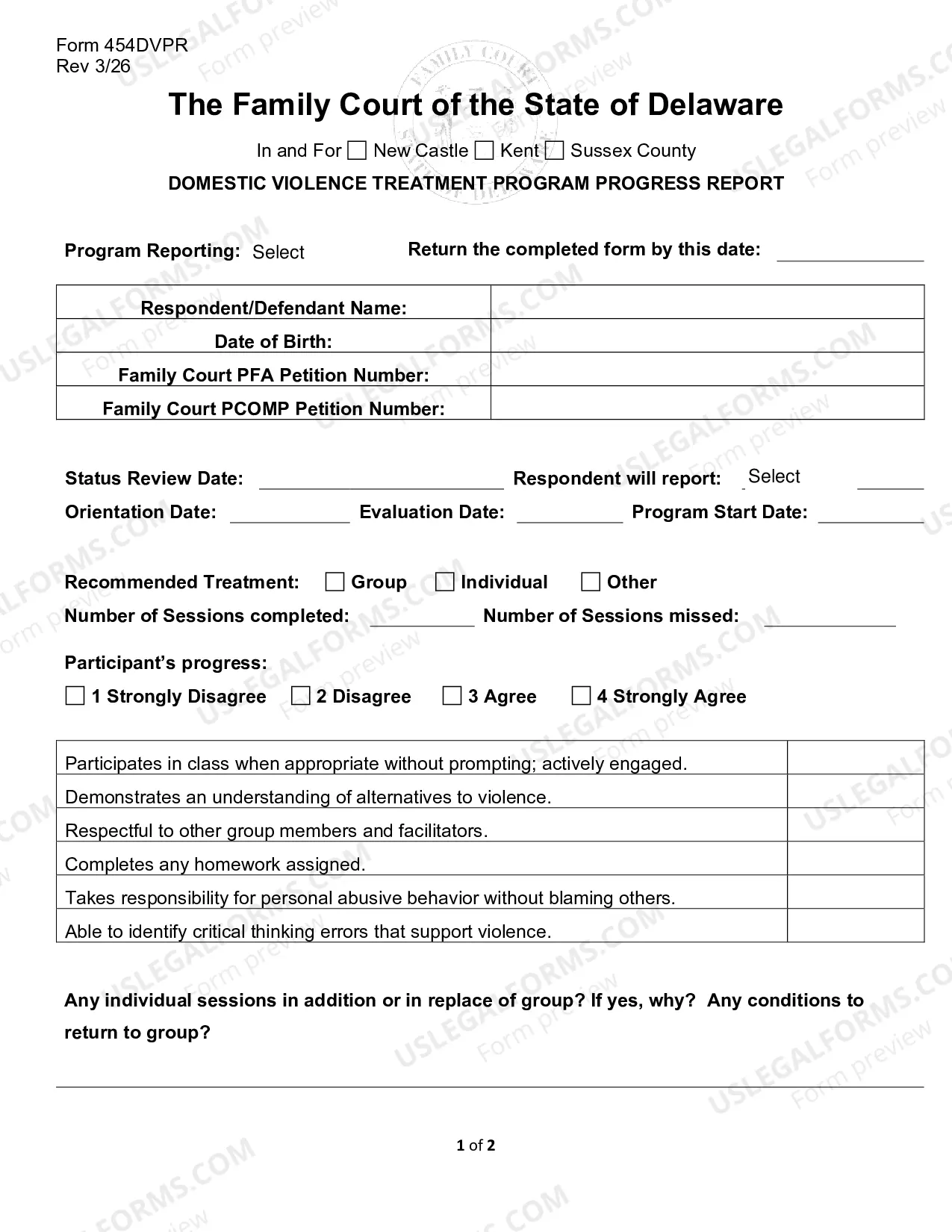 Preview Domestic Violence Treatment Program Progress Report