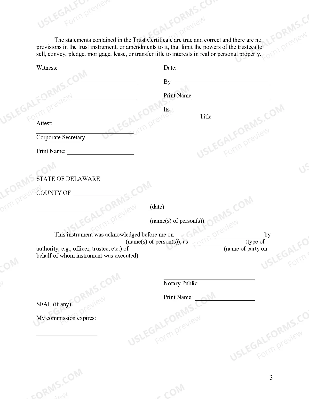 Preview Delaware Certificate of Trust by Corporation