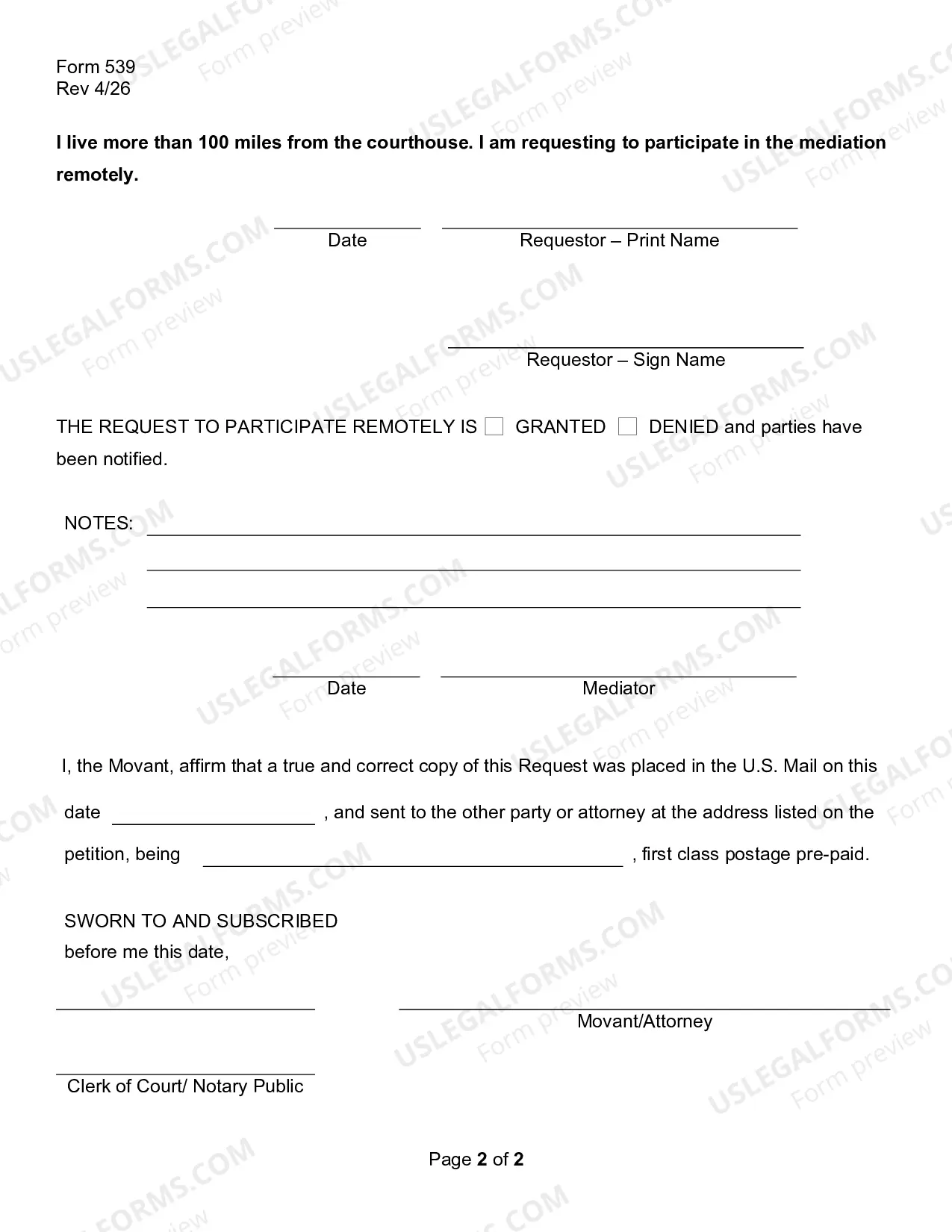Preview Request for Telephonic Participation at Mediation