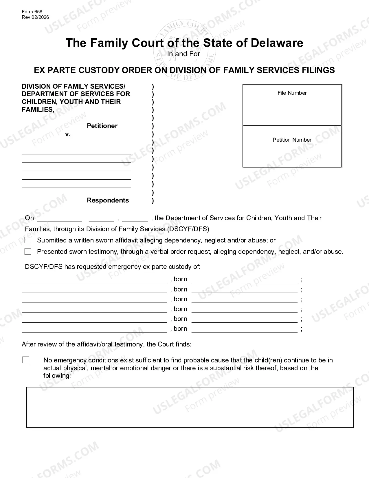 Preview After Hours DFS Filing for Ex Parte Custody Order