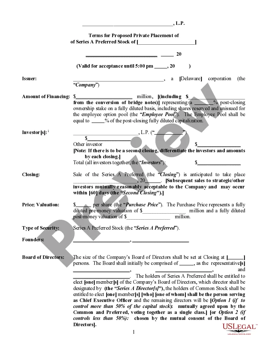 Preview Terms for Proposed Private Placement of Series A Preferred Stock of a Limited Partnership