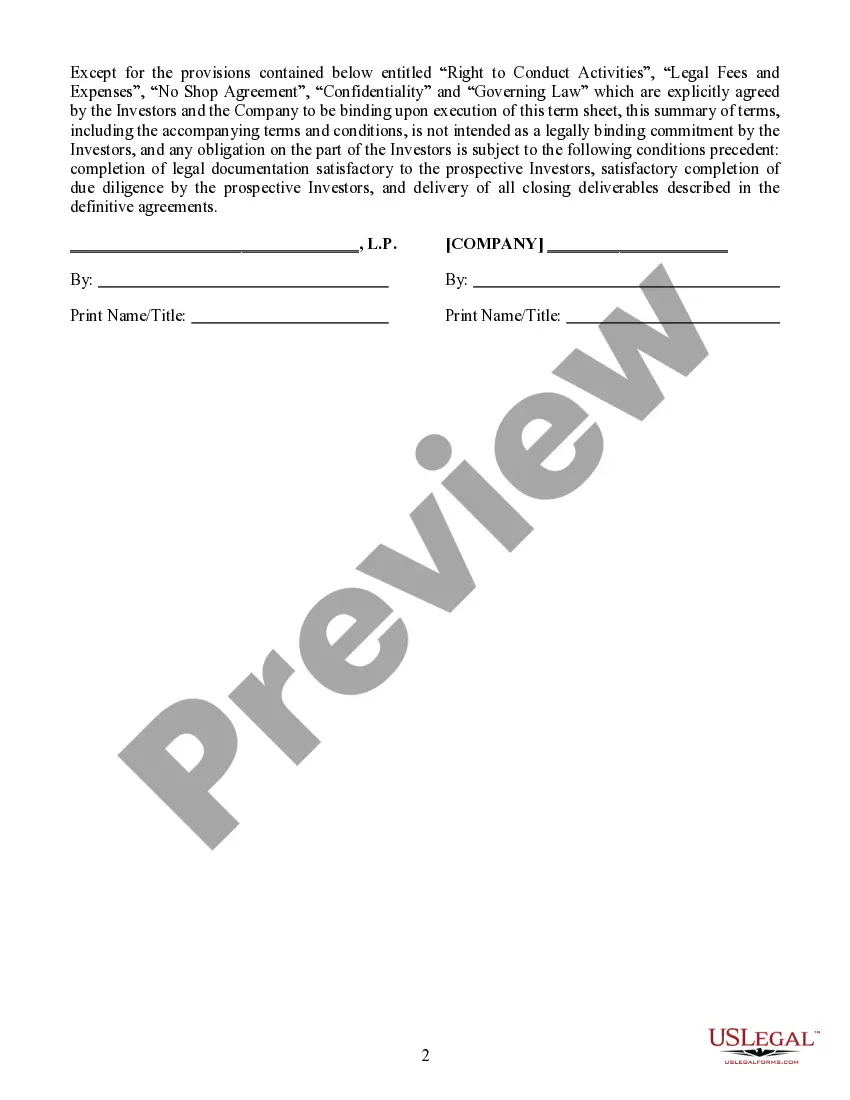 Preview Terms for Proposed Private Placement of Series A Preferred Stock of a Limited Partnership