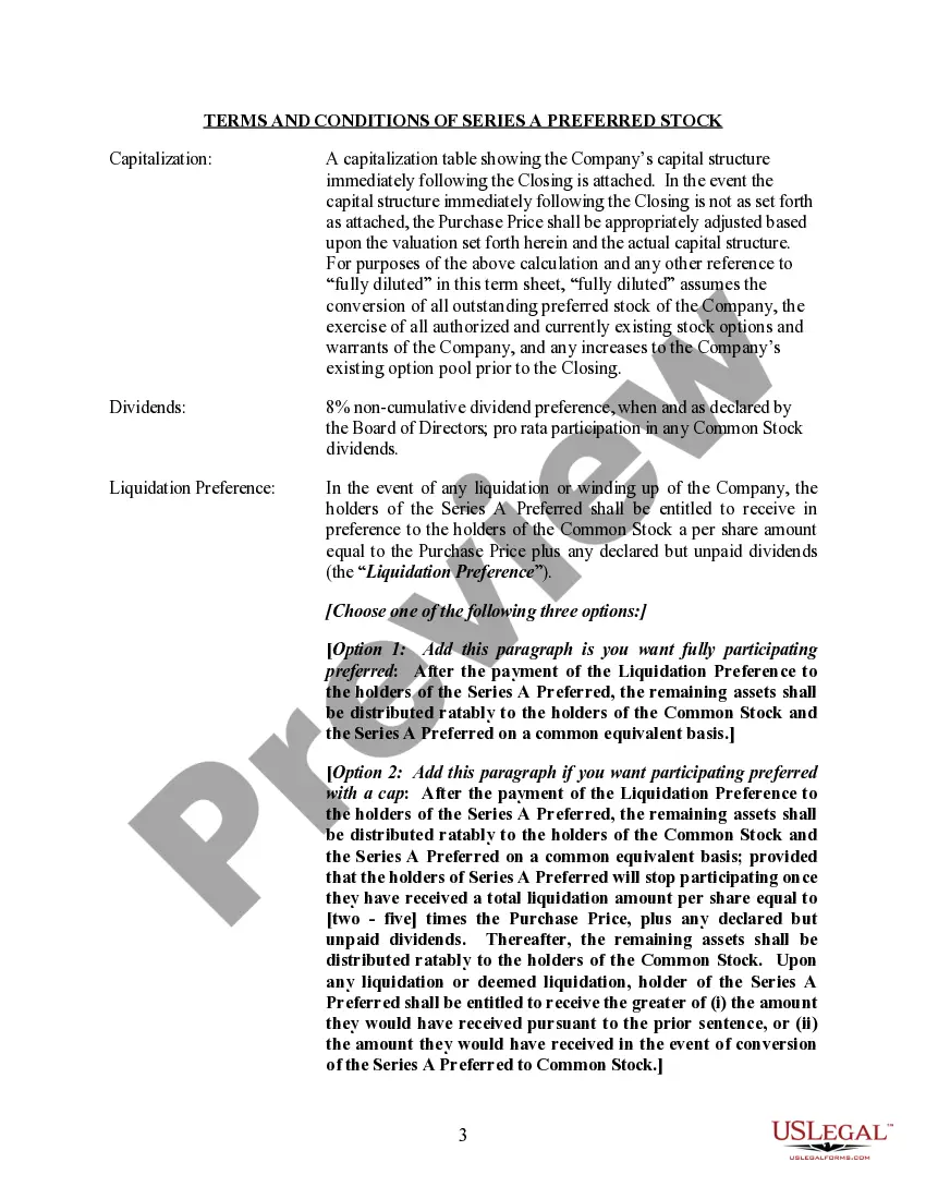 Preview Terms for Proposed Private Placement of Series A Preferred Stock of a Limited Partnership