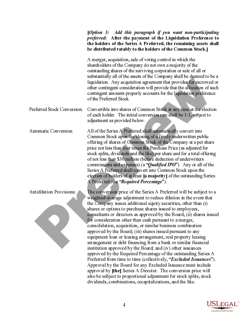 Preview Terms for Proposed Private Placement of Series A Preferred Stock of a Limited Partnership