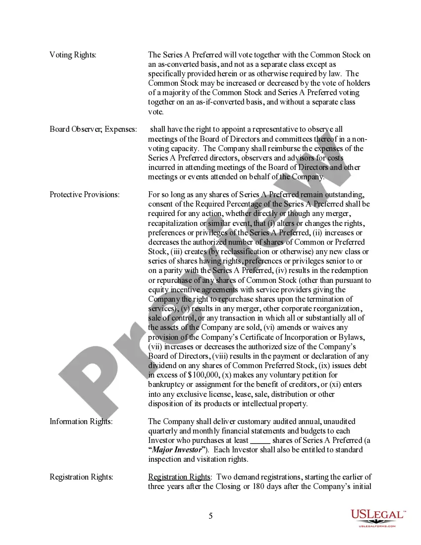 Preview Terms for Proposed Private Placement of Series A Preferred Stock of a Limited Partnership
