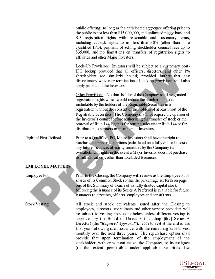 Preview Terms for Proposed Private Placement of Series A Preferred Stock of a Limited Partnership