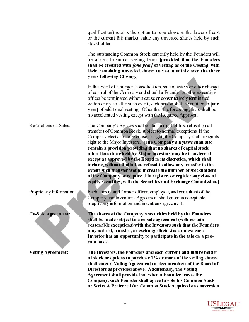 Preview Terms for Proposed Private Placement of Series A Preferred Stock of a Limited Partnership