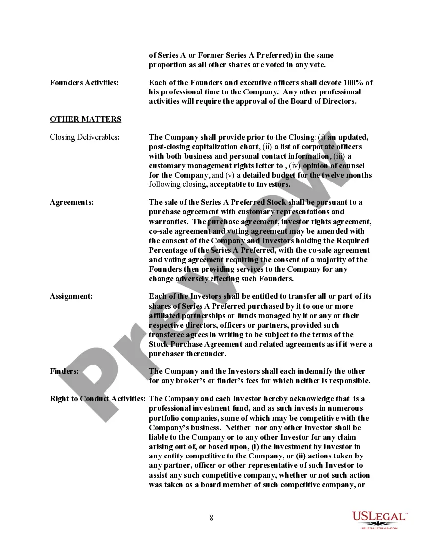 Preview Terms for Proposed Private Placement of Series A Preferred Stock of a Limited Partnership