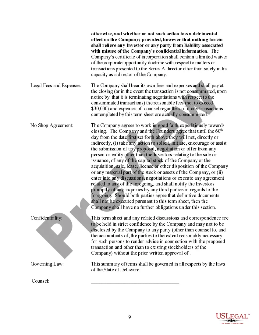 Preview Terms for Proposed Private Placement of Series A Preferred Stock of a Limited Partnership