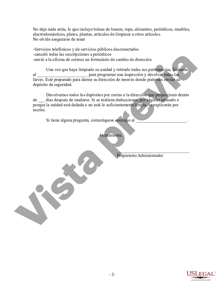 Preview Carta del propietario al inquilino con instrucciones sobre limpieza y procedimientos para mudarse