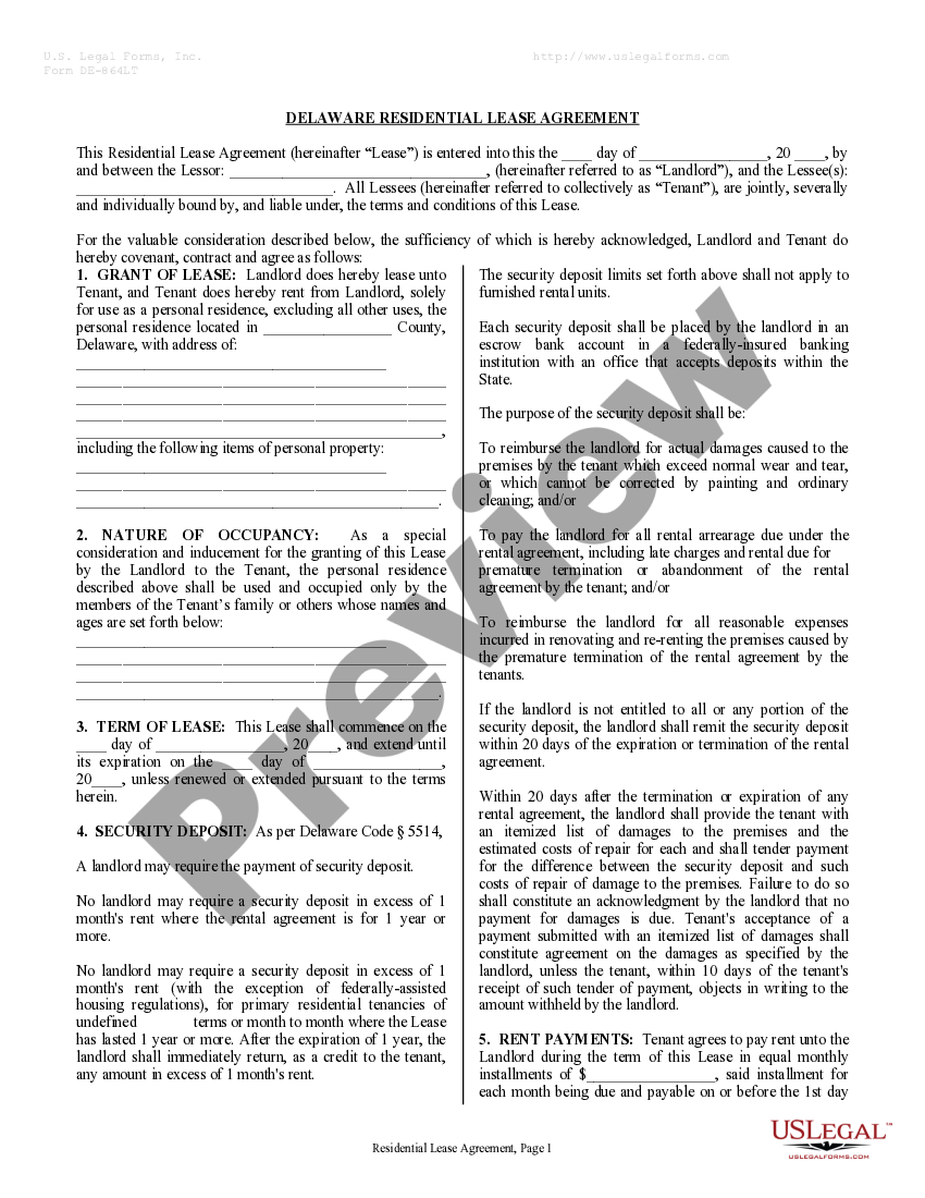 Delaware Residential Rental Lease Agreement Delaware Residential