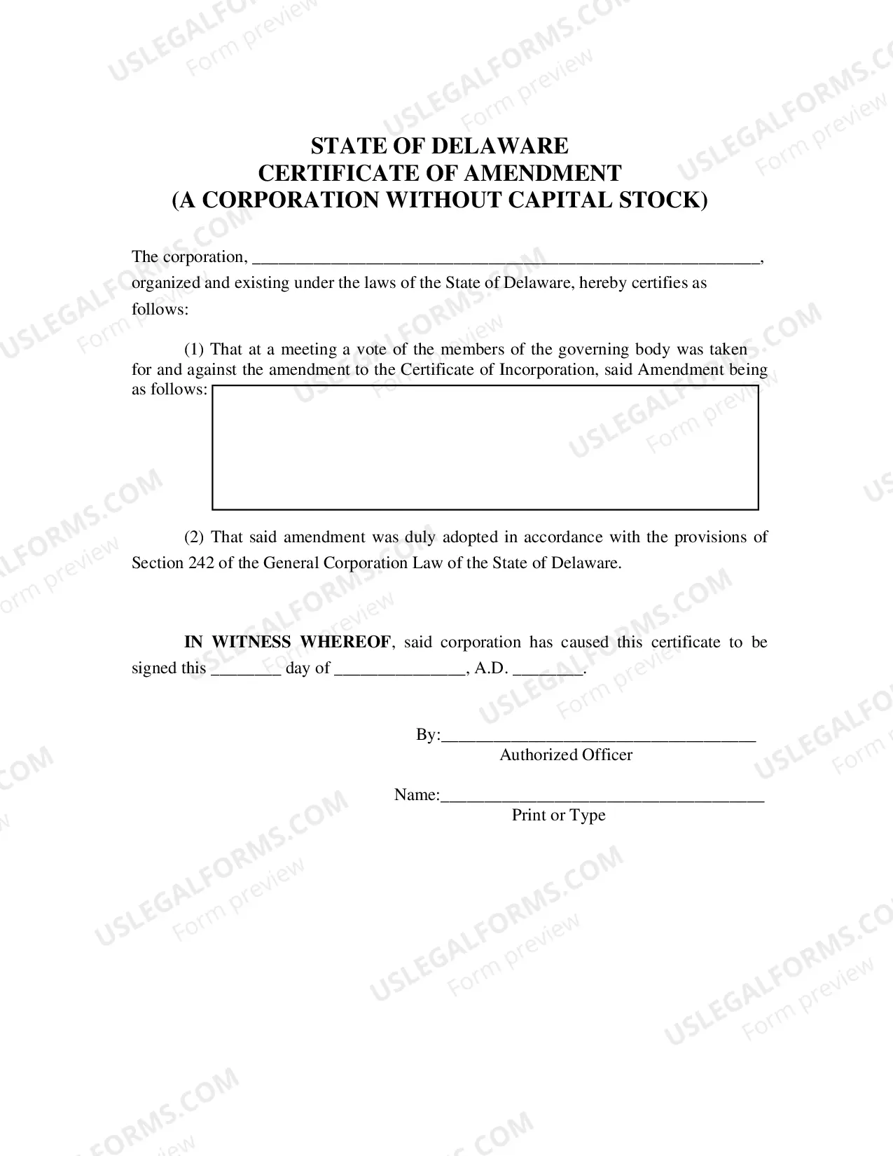 Preview Certificate of Amendment (Corporation Without Capital Stock)