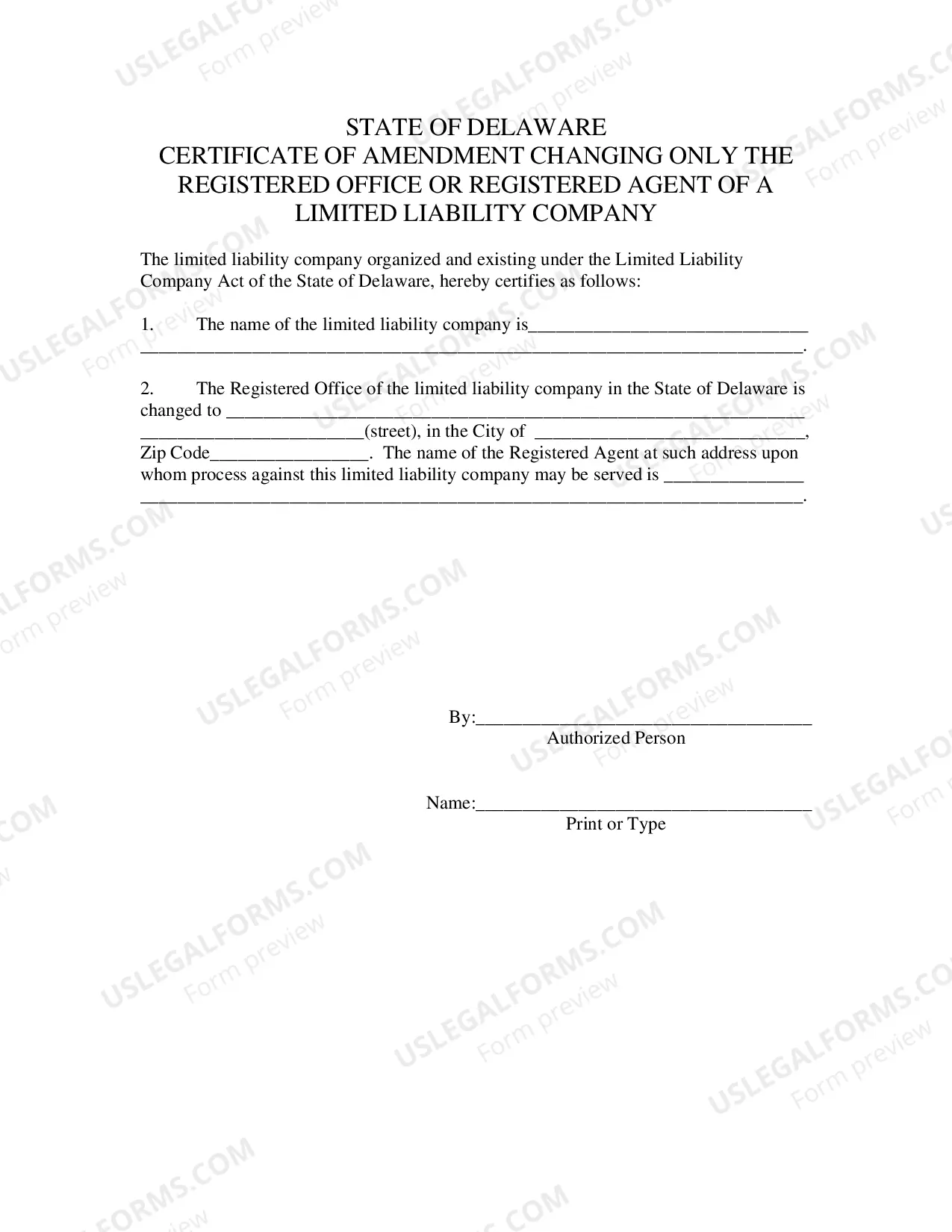 Preview Certificate of Amendment Changing Only The Registered Office-Agent (LLC)