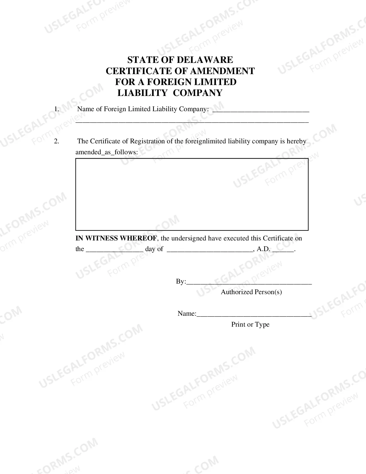 Preview Certificate of Amendment For A Foreign Limited Liability Company