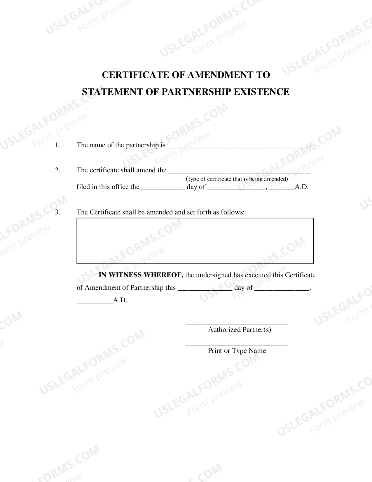 Preview Certificate of Amendment To Statement of Partnership Existence