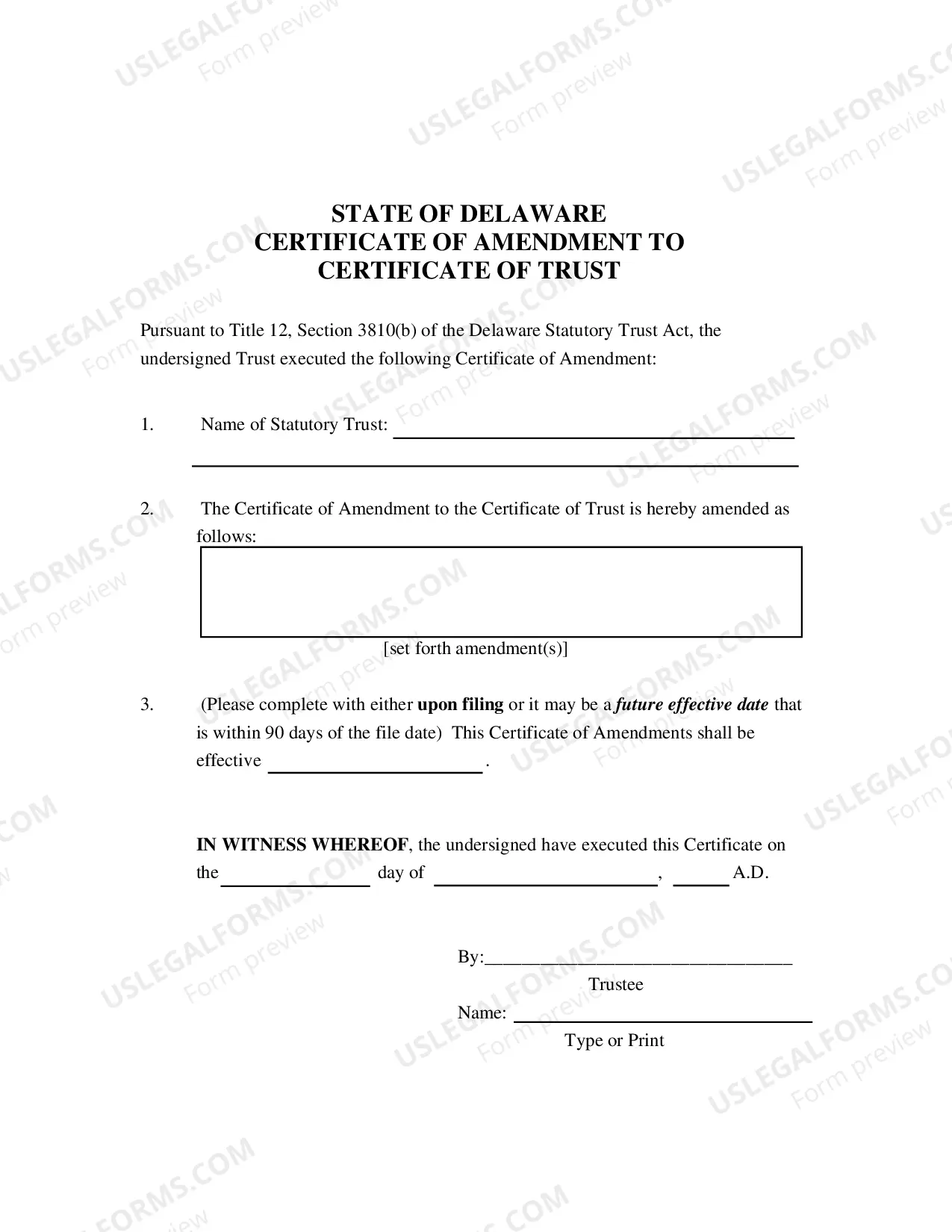 Preview Certificate of Amendment To Certificate of Trust (Statutory Trust)