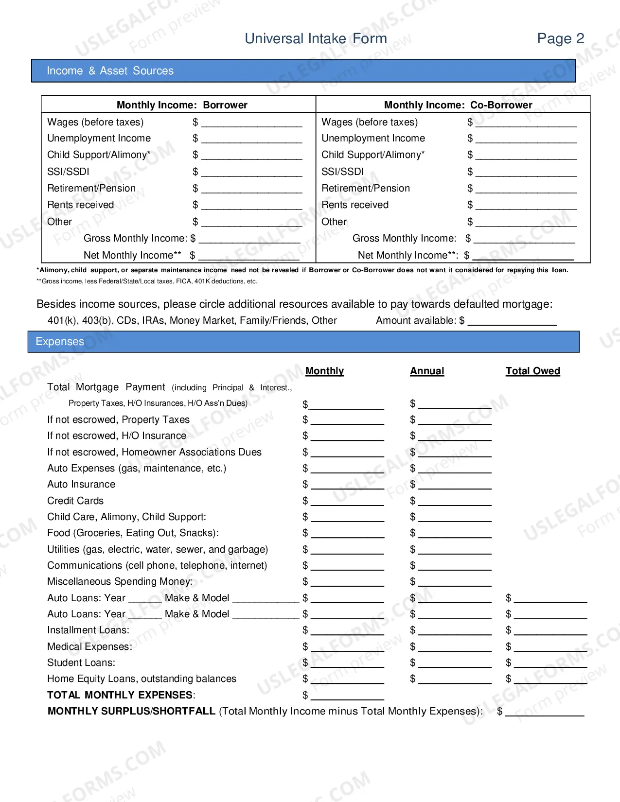 Preview Universal Intake Form