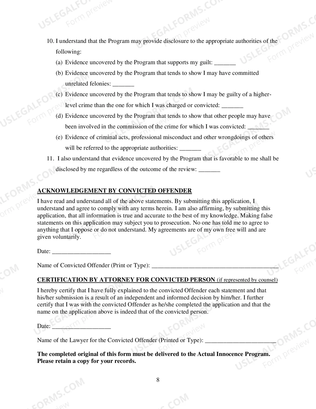 Preview Actual Innocence Program Application Form