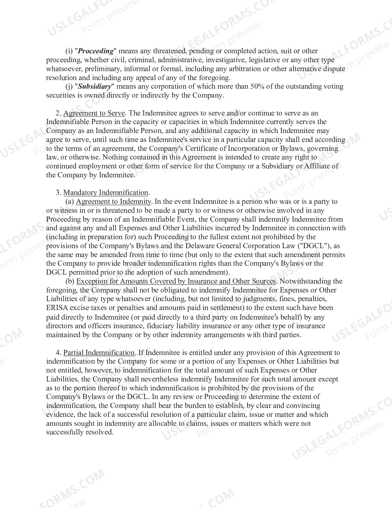 Preview Indemnity Agreement between a Company and director, officer or key employee