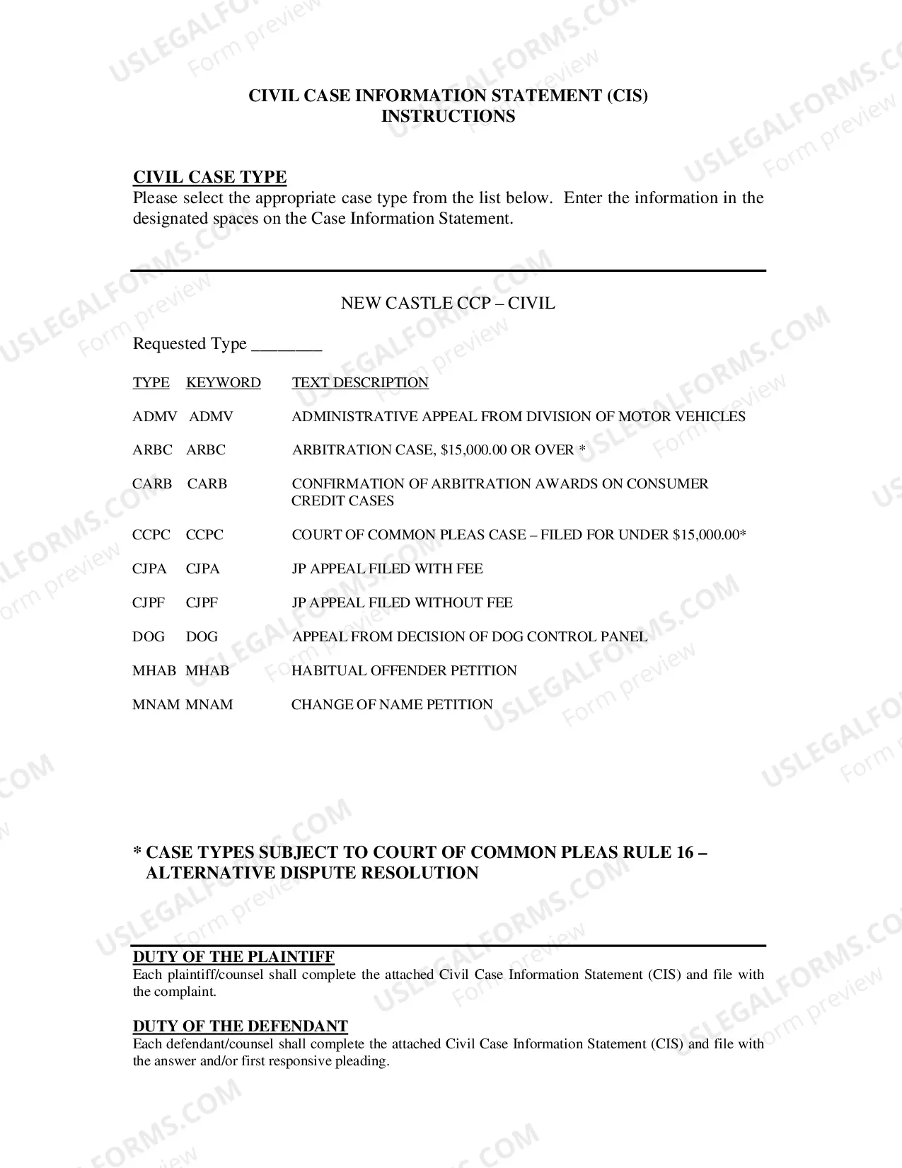 Preview Civil Case Information Statement (CIS)