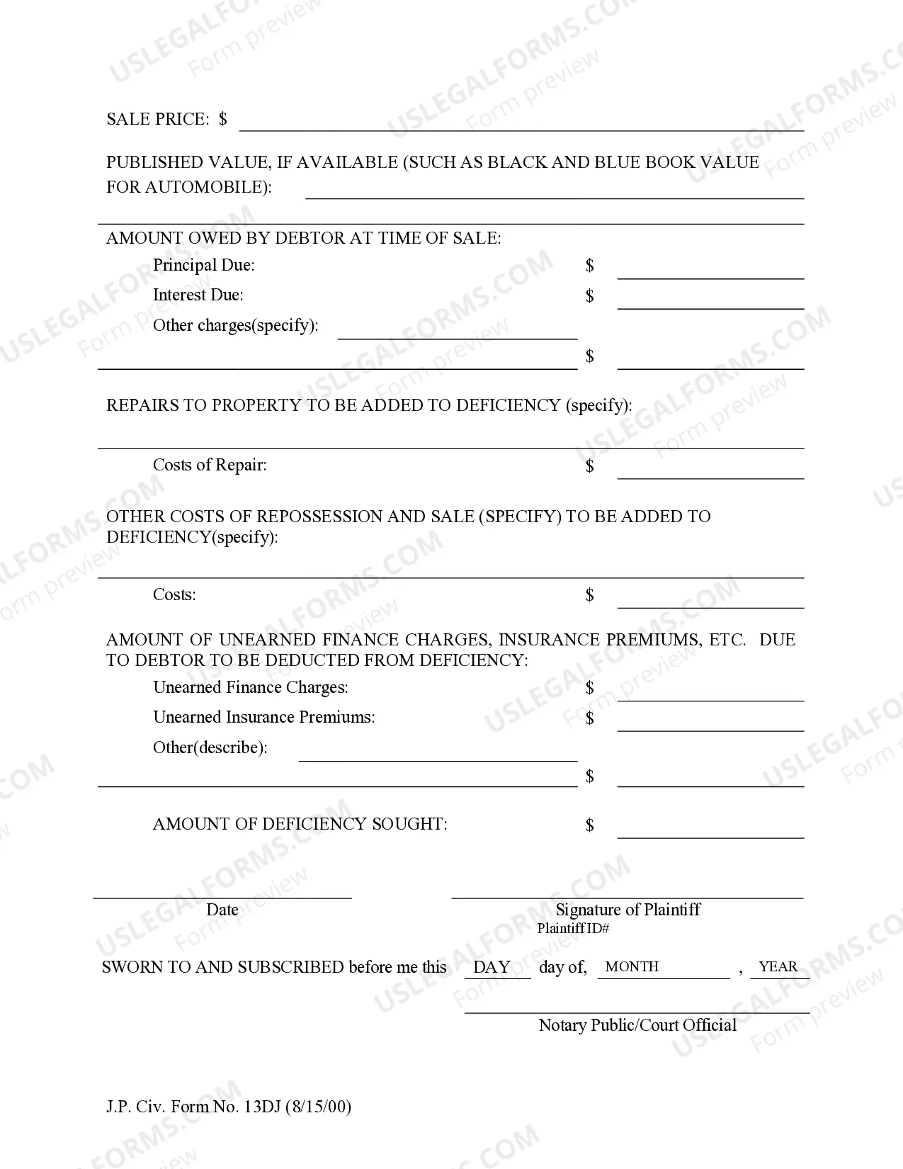 Preview Addendum to Statement in Support of Default Judgment for Creditors Seeking a Deficiency Judgment