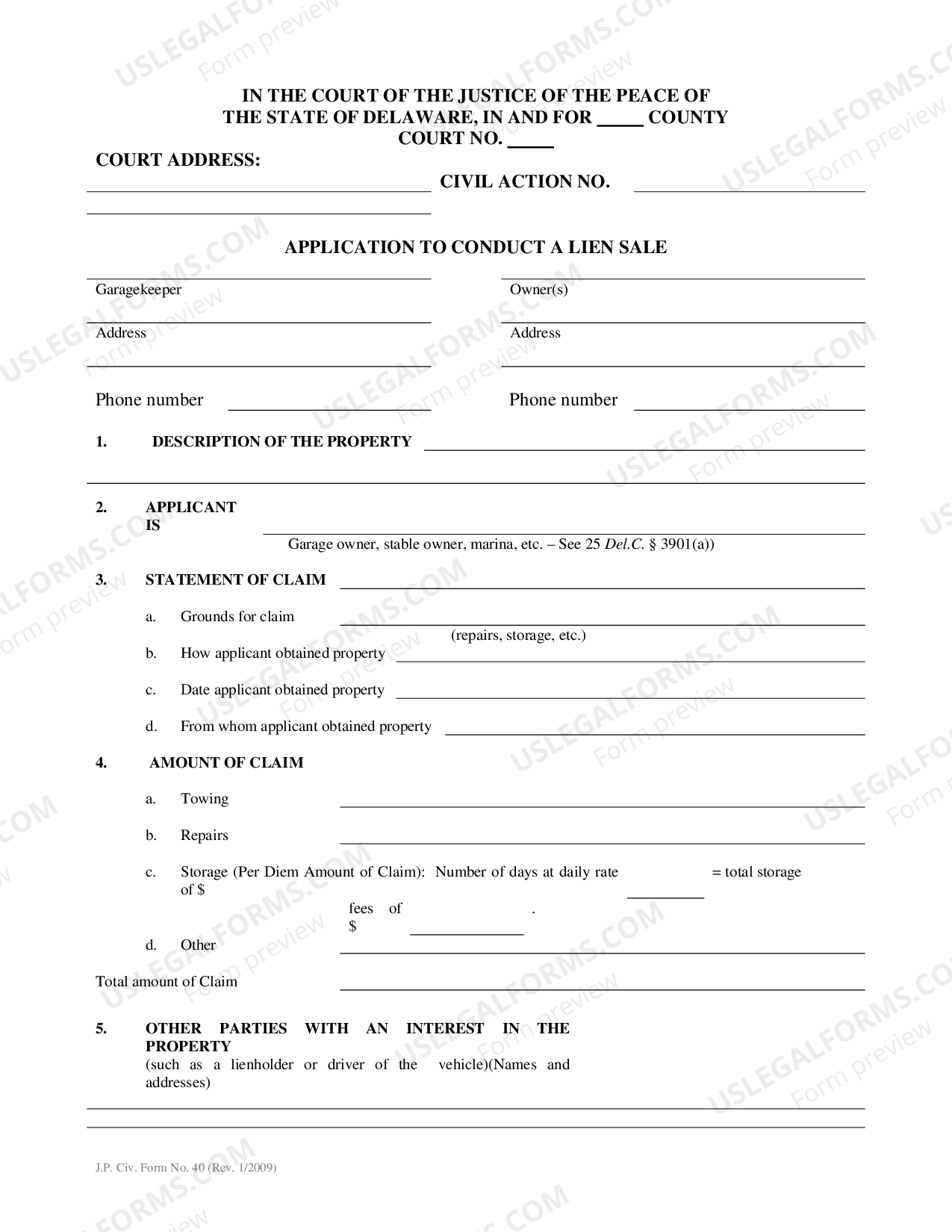 Delaware Application to Conduct a Lien Sale US Legal Forms