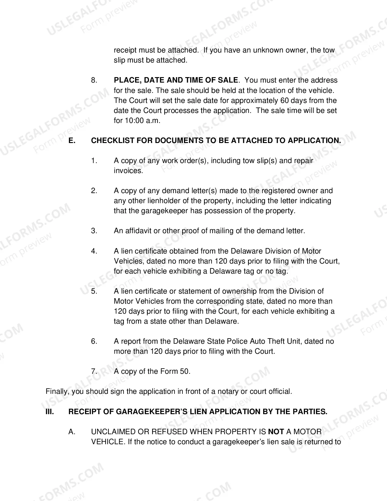 Preview INSTRUCTIONS FOR FILING A GARAGEKEEPER'S LIEN