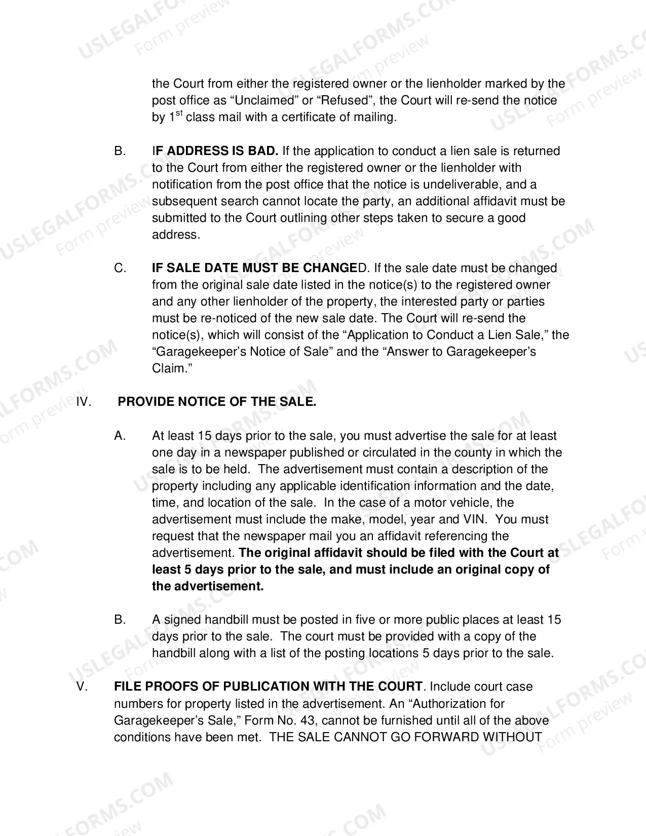 Preview INSTRUCTIONS FOR FILING A GARAGEKEEPER'S LIEN