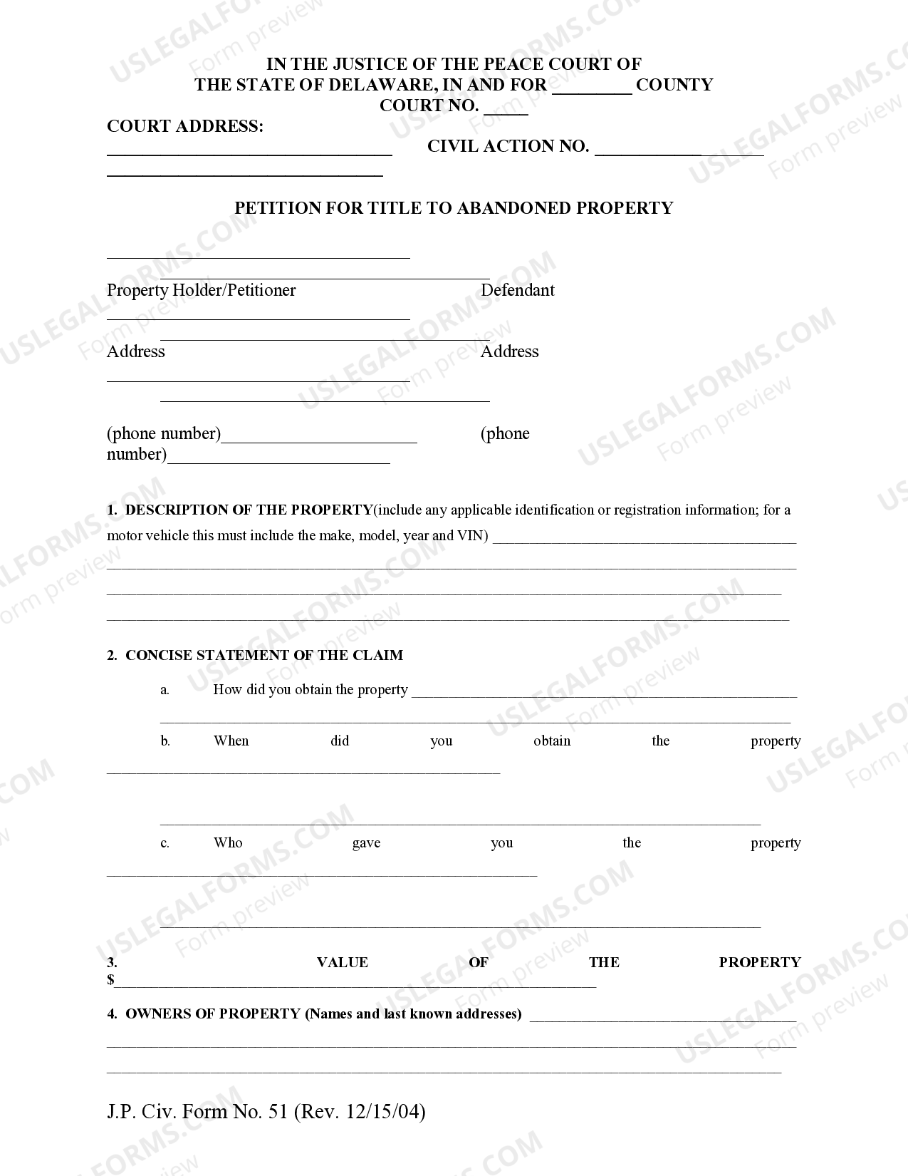 Delaware Petition For Title To Abandoned Property US Legal Forms
