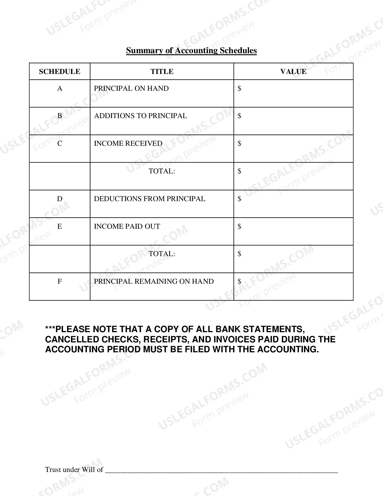Preview Accounting Packet for Trusts under Wills