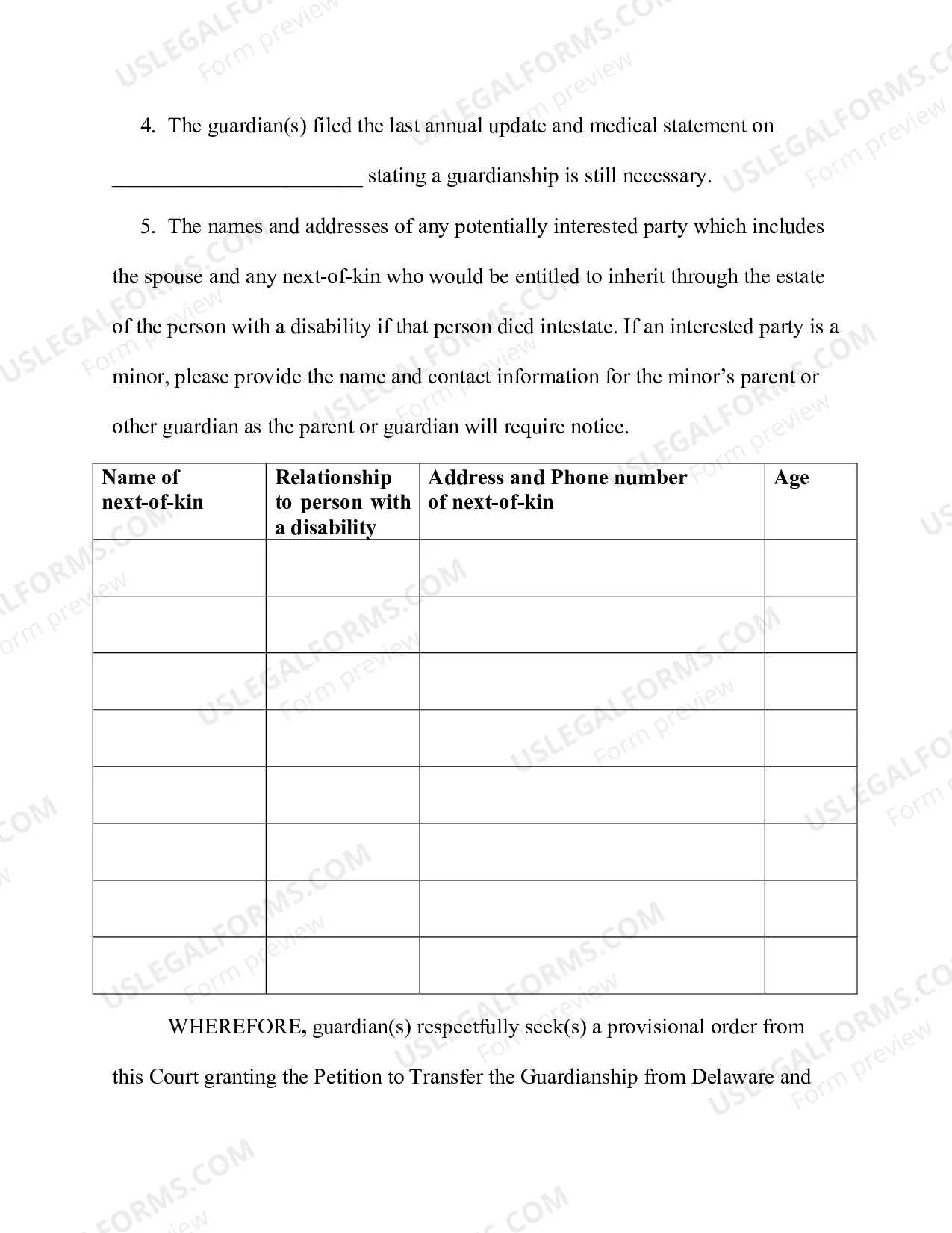 Preview Petition to Transfer Guardianship from the State of Delaware
