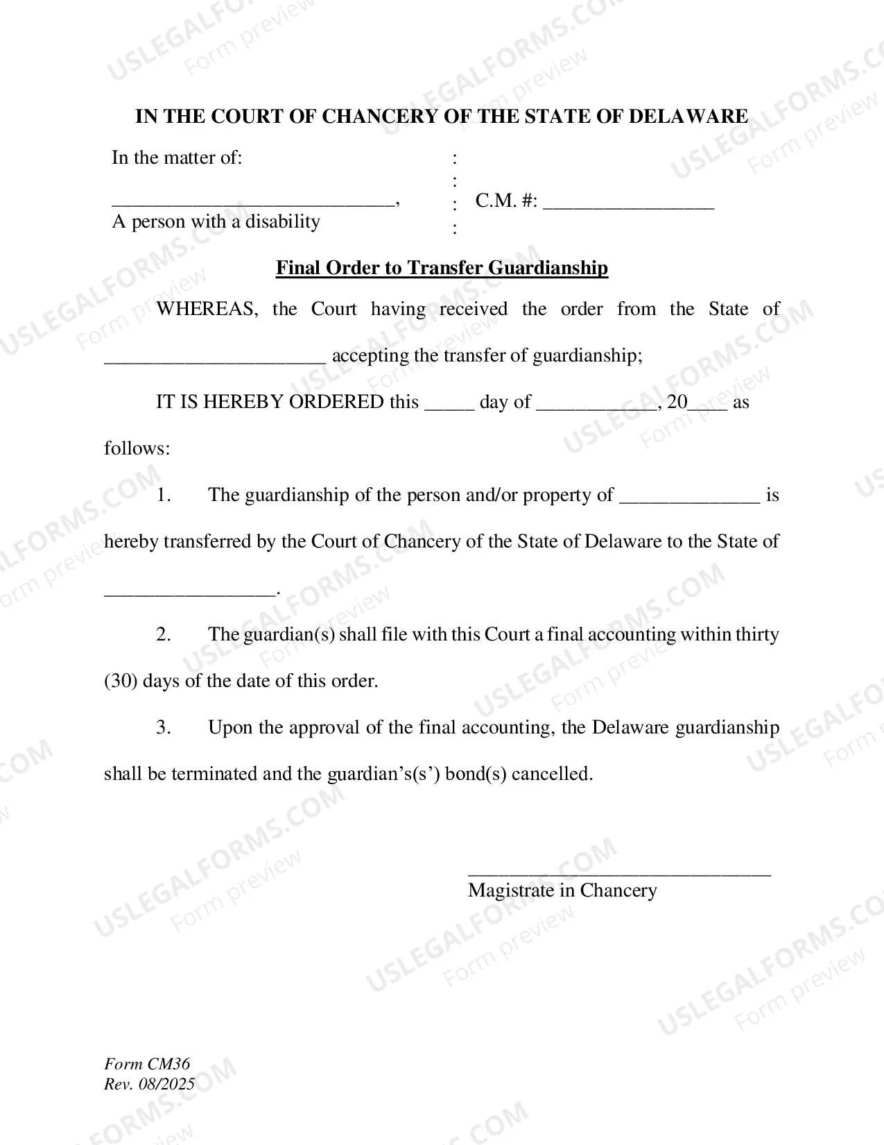 Preview Final Order to Transfer Guardianship from the State of Delaware - Final Accounting Required