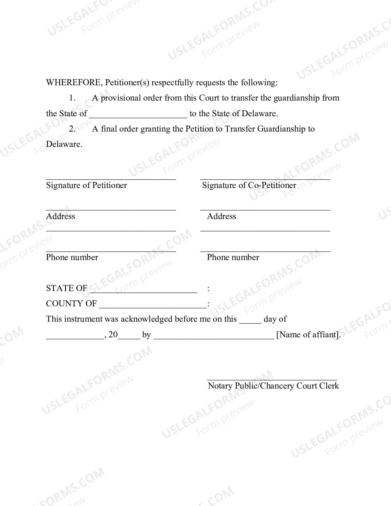 Preview Petition to Transfer Guardianship to the State of Delaware