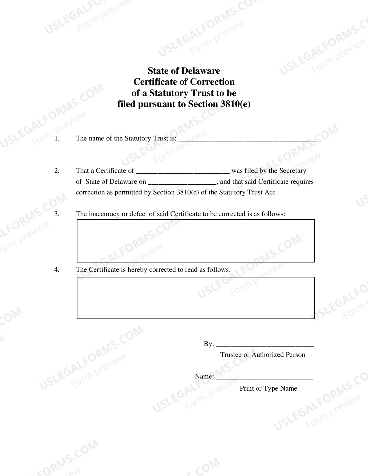 Preview Certificate of Correction of Statutory Trust
