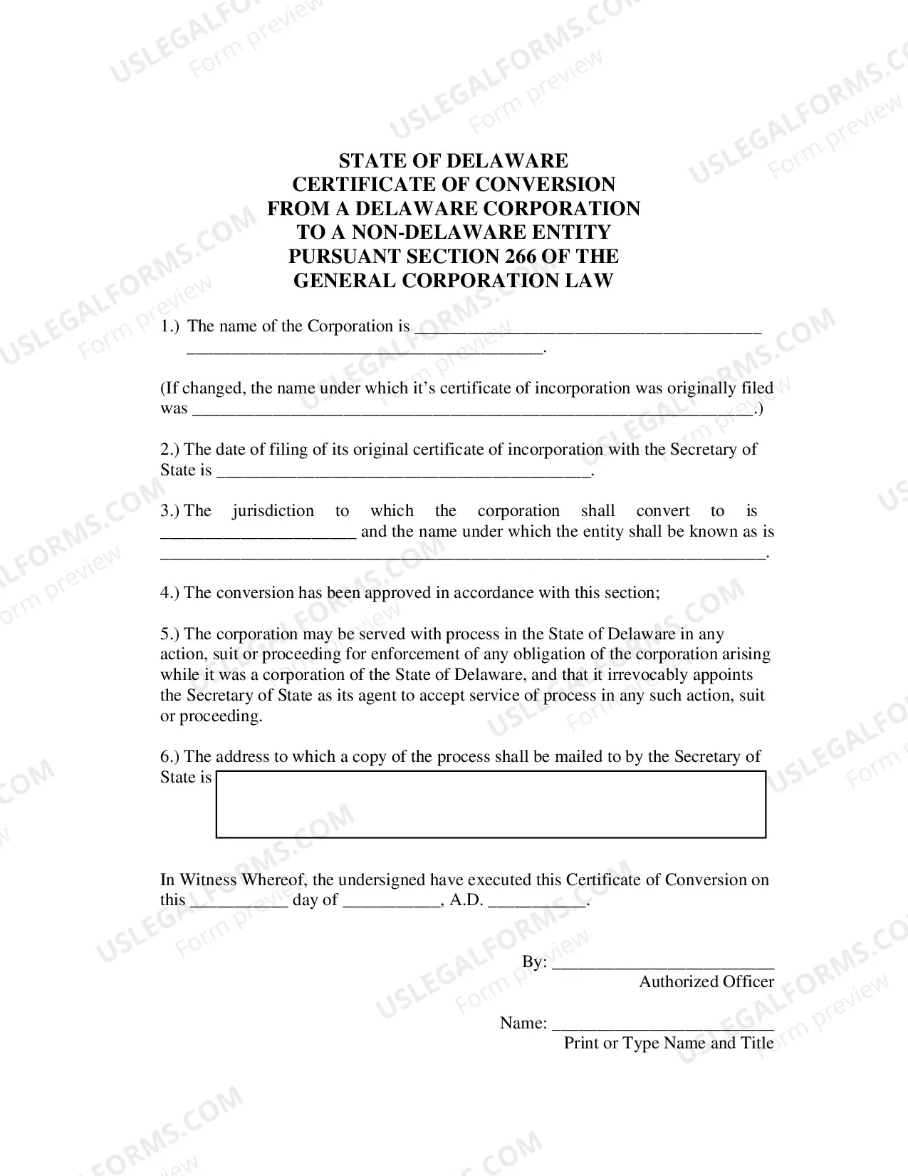 Preview Certificate of Conversion From A Delaware Corporation To A Non-Delaware Entity