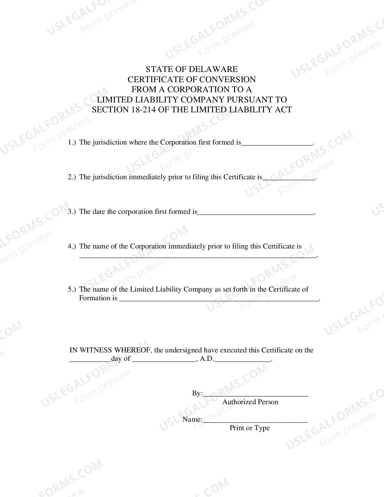 Preview Certificate of Conversion From Corporation To Limited Liability Company