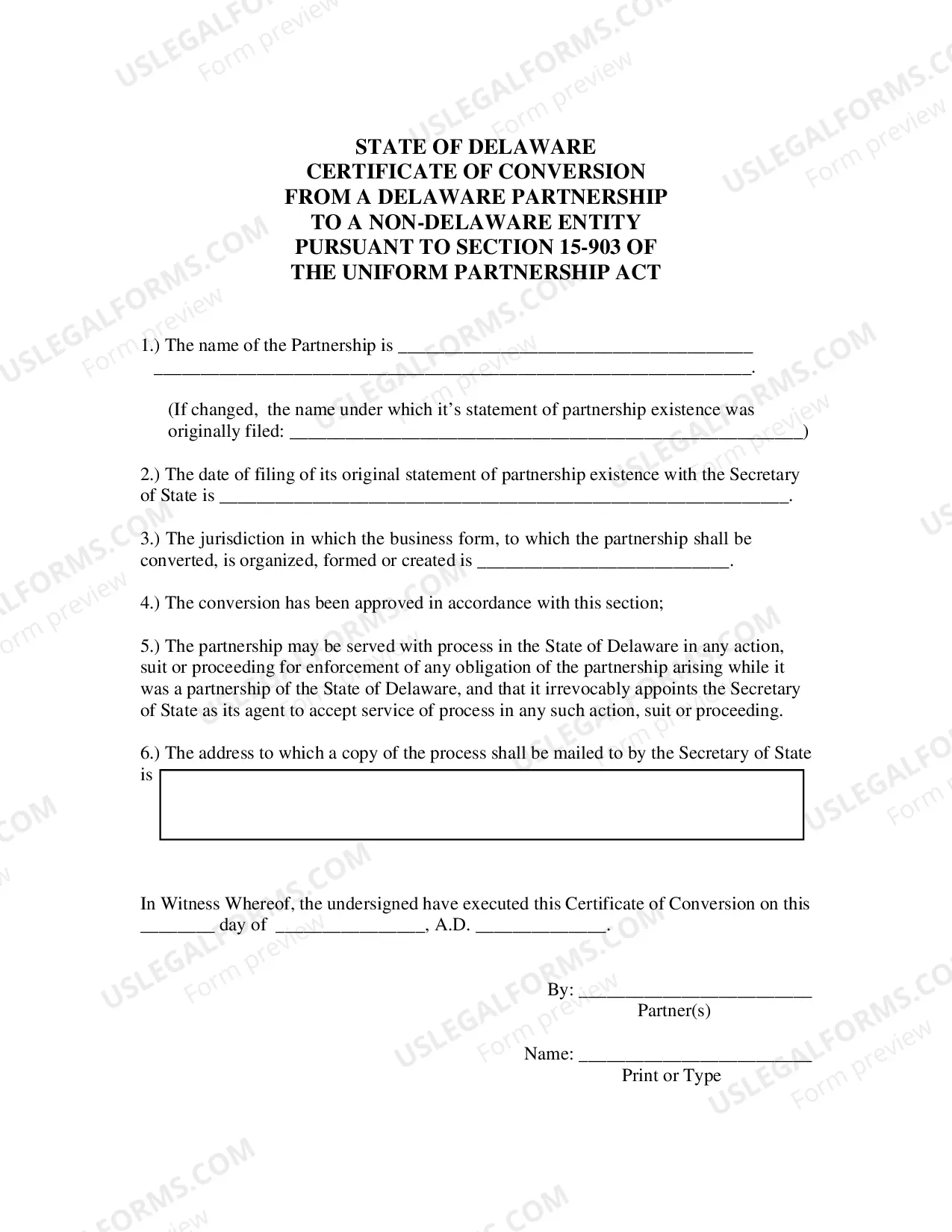 Preview Certificate of Conversion From A Delaware Partnership To Non-Delaware Entity